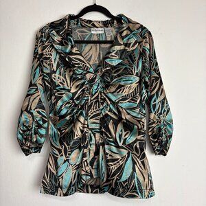 Millenium Y2K Metallic Leaf Satin Blouse S Ruched Black Turquoise Vintage Top